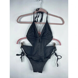 All Saints Mirelle Swimsuit Black Cut Out One Piece Halter Neutral Size 8